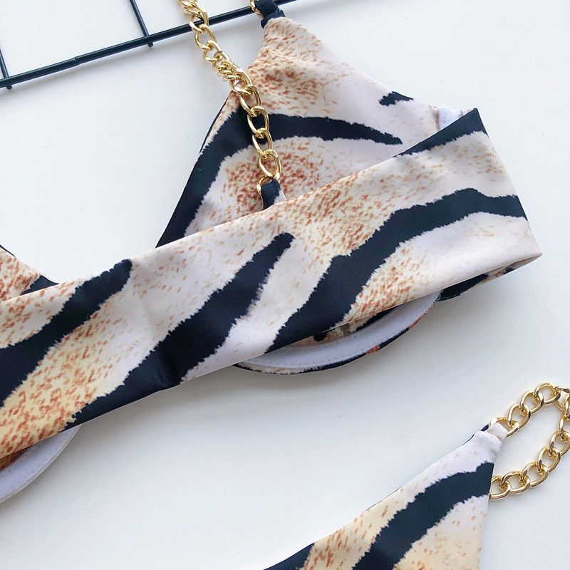Leopard Print Chain Straps Padded Bra Thong Bikini