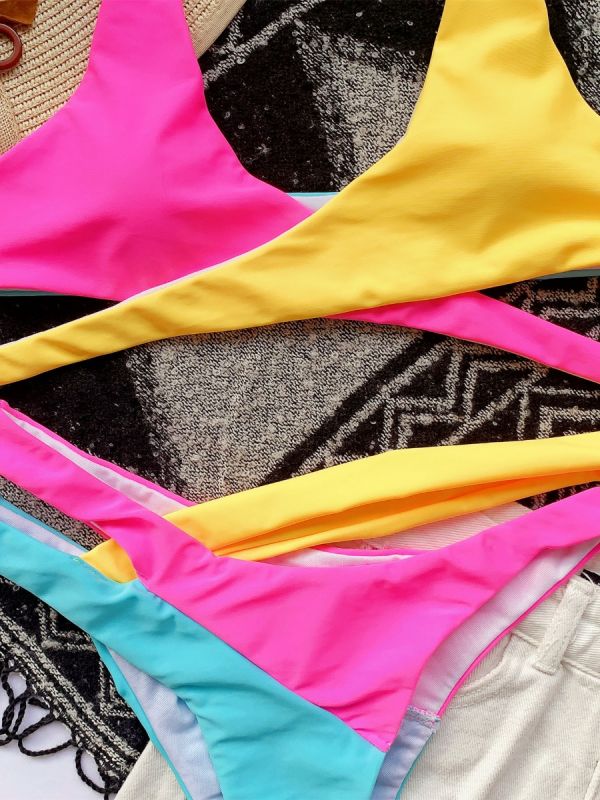 Asymmetrical Color Block Spliced Bikini Swimsuit