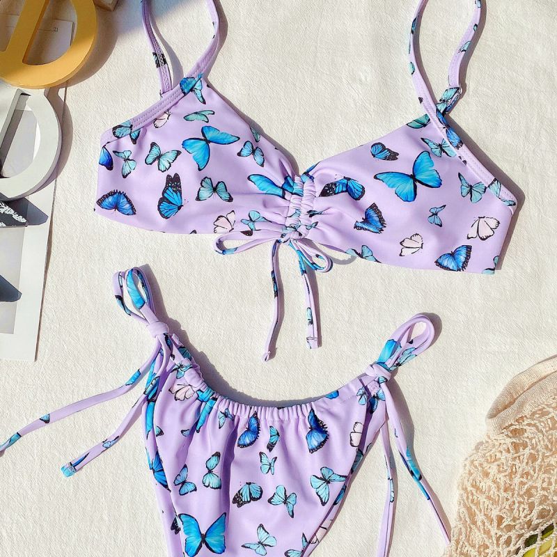 Triangles Leopard Print Bandage Split Bikini Swimsuit