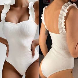 Ruffled Shoulder Straps Rib One Piece Swimsuit