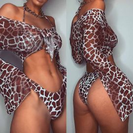 Mesh Blouse Cover-up Leopard Print 3 Pieces Bikini Set