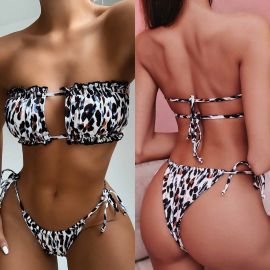 Leopard Frill Trim Bandeau Tie Side Bikini Swimsuit