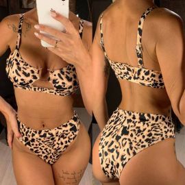 Leopard Print Bikini Swimwear with Breast Ring