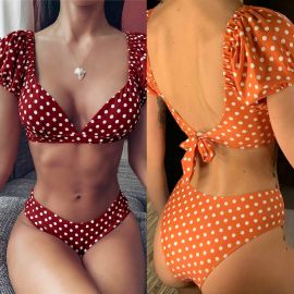 Puff Sleeve Swimsuit Polka Dot V Neck Bikini Set