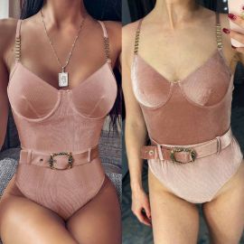 Shiny Corduroy Belted One Piece Swimsuit