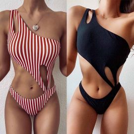 Striped Cut-out One Shoulder One Piece Swimsuit