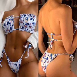 Off Shoulder Bandeau Butterfly Print Two Pieces Swimsuit