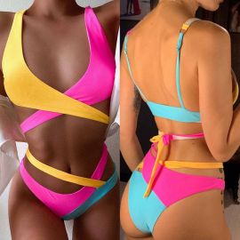 Asymmetrical Color Block Spliced Bikini Swimsuit