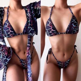 3 Pieces Set Leopard Print Bikini w/ Cover-up Top