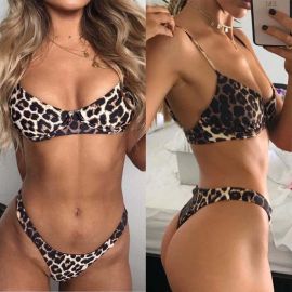 Leopard Print Push Up Bra V Thong Bikini Set