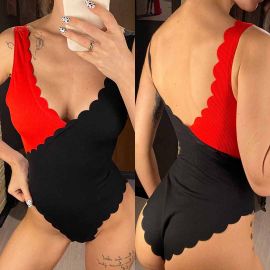 Scallop Hem Patchwork Color Ribbed One Piece Swimsuit