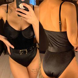 Corduroy Belted One Piece Push-up Swimsuit