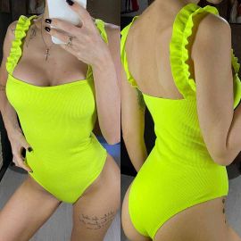 Frill Shoulder Strap Ribbed Texture Monokini Swimsuit