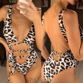 V Neck Crisscross Leopard Print One Piece Swimsuit
