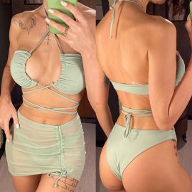 Cross Neck Lace Up Skirt Cover-up 3 Pieces Bikini set