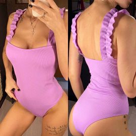 RUFFLED SHOULDER STRAP KNIT ONE PIECE SWIMSUIT