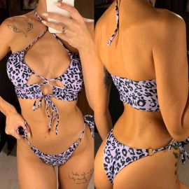 Leopard Print Lace Up Two Piece Swimsuit