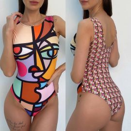 Patchwork Cartoon Print Lovely One Piece Swimsuit