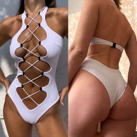 Plunging Neck Hollow Chest Lace-up Monokini