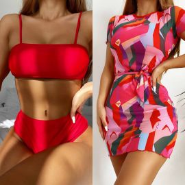 3 Pack Color Block Bikini Swimsuit & Cover Up