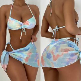Tie Dye Print 3 Piece Swimwear Mesh Skirt Bikini Set