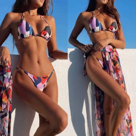 Multicolor Print  Bikini & Cover-up 3 Pieces Swimsuit Combo