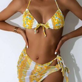 Floral Print String Bandage Halter Bikini Set 