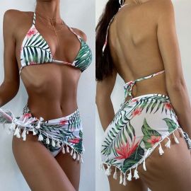 Palm Leaves Print Bikini 3 Pieces Combo Swimsuit