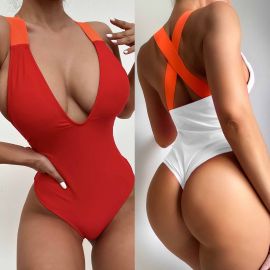 CROSS BACK STRAP PLUNGING NECK ONE PIECE SWIMSUIT