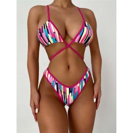Multicolored V Neck Bandage Strap High Waist Bikini