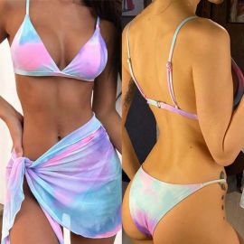 Tie Dye Print Sarong Cover-up 3 Pieces Bikini Swimsuit