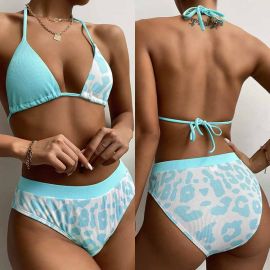 Patchwork Leopard Print Rib Texture High Waist Bikini