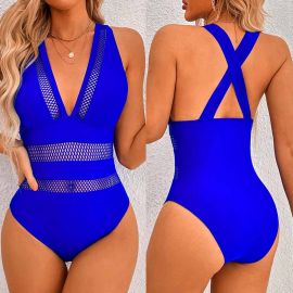 Mesh Patchwork V Neck Cross Back One Piece Swimsuit 