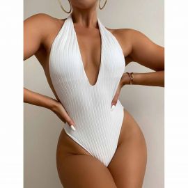 Ribbed Halter Backless One-Piece Swimsuit