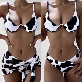 3 Pieces Cow Print Underwire Bikini Swimsuit & Beach Skirt