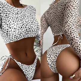 Leopard Print 3 Pieces Bikini Combo w/ Cover-up Top