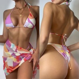 Geometric Print 3 Pieces Bikini w/ Skirt Cover-Up