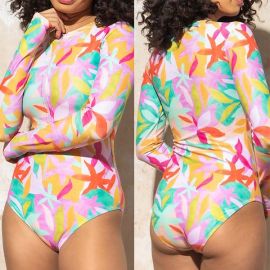 MAPLE LEAVES LONG SLEEVE FRONT ZIP SWIMSUIT