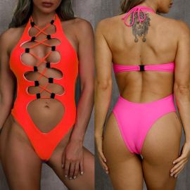 Lace-up Bodycon Hollow Plunging Neck Monokini