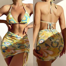 Blossom Print Bikini Set w/ Mesh Skirt Cover-up