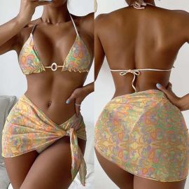 Floral Print Rings Linked Bikini w/ Skirt Cover-up