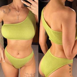 Texturized Rib Fabric One Shoulder Strap Bikini