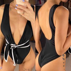 Knotted Deep V Backless Monokini One Piece Swimsuit