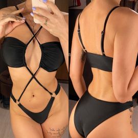 Crumpled Hem Cross String Rings Linked Cut Out Swimsuit 