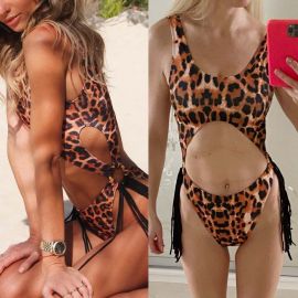 Leopard Print Tassels Decor Cut-out Belly Monokini