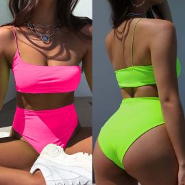 Neon Color One Shoulder Strap High Waist Bikini