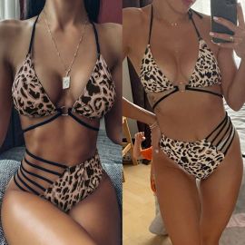 Leopard Print High Waist Hollow Bikini Swimsuit