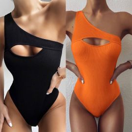 RIBBED CUTOUT ONE SHOULDER ONE PIECE SWIMSUIT