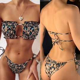 Thong Bikini Set Bandeau Bra Leopard Swimwear