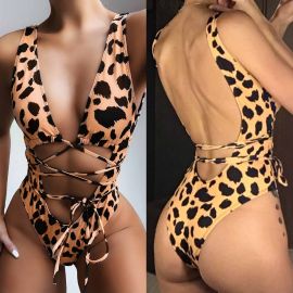 Leopard Print Waist String Plunging Neck Monokini